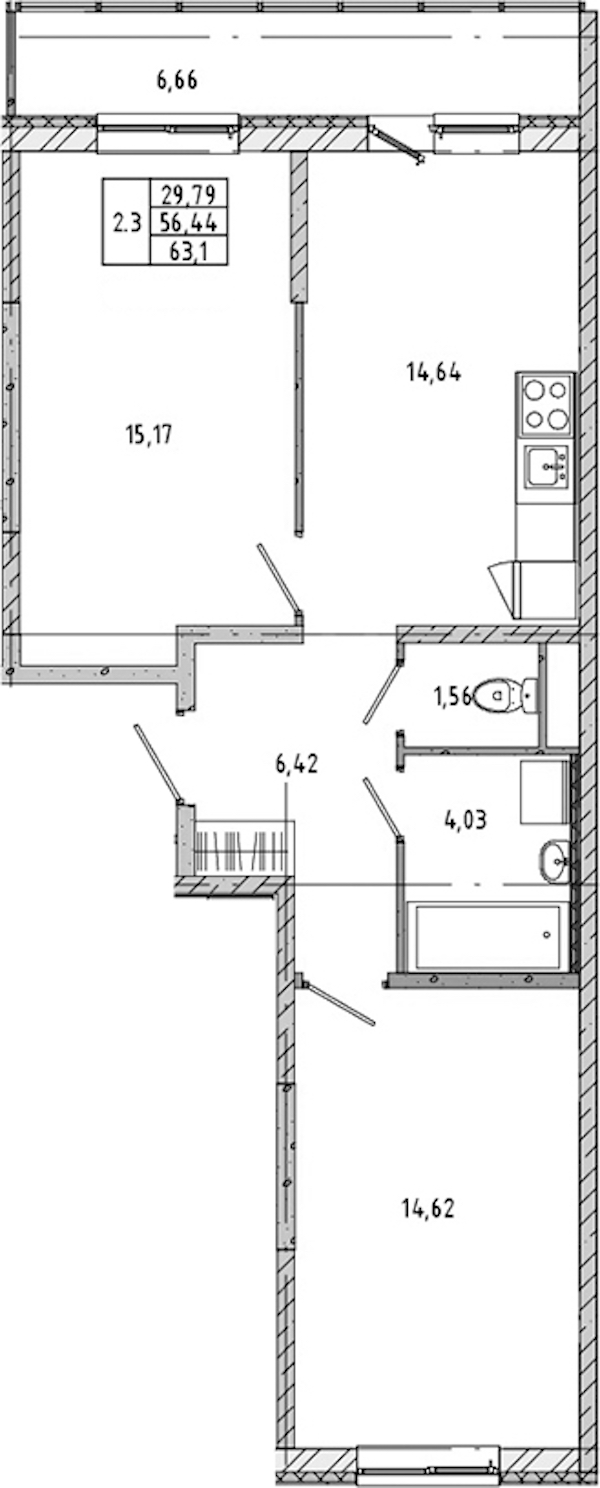 2-комнатная квартира 55.97 м², 8/17 эт., ЖК «Новые горизонты 2»